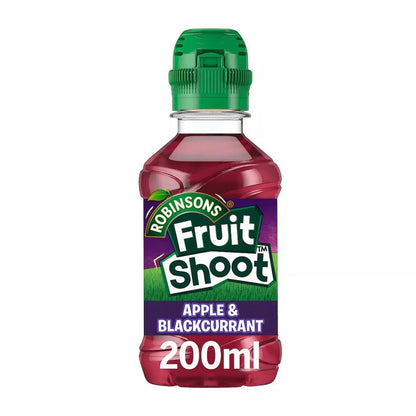 Fruit Shoot Apple & Blackcurrant 24 x 200ml bottles, each with a green cap—ideal for kids’ drinks.