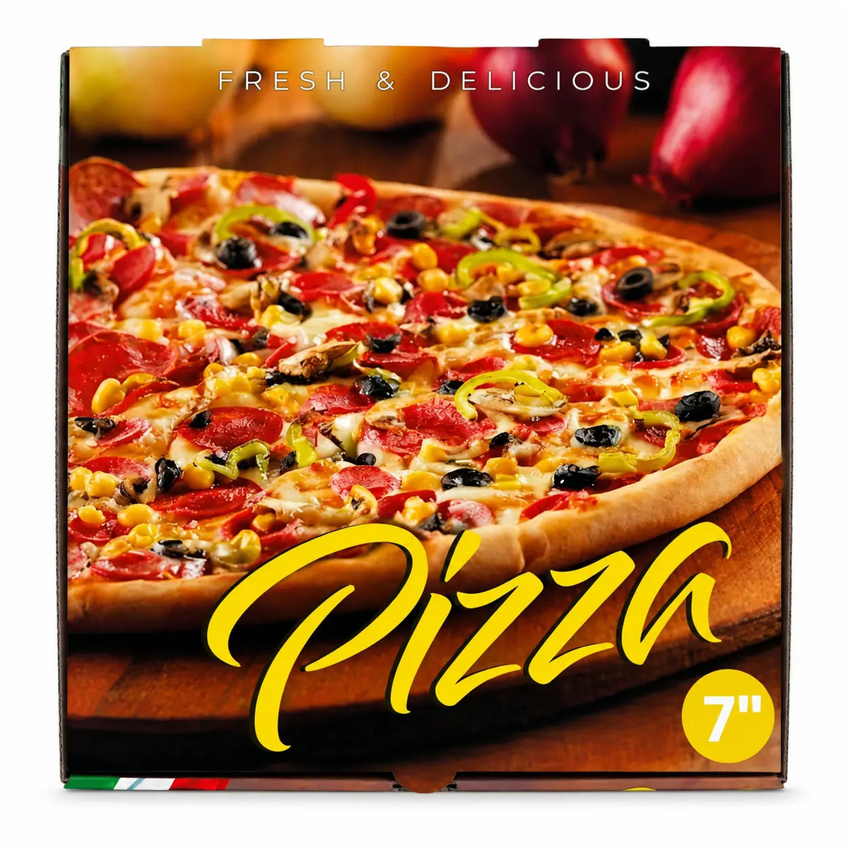 A 7-inch Italian Pizza Box featuring an image of a vegetable and pepperoni pizza. The box displays “Fresh & Delicious” and “Pizza” in yellow lettering. Available as a 90-pack.