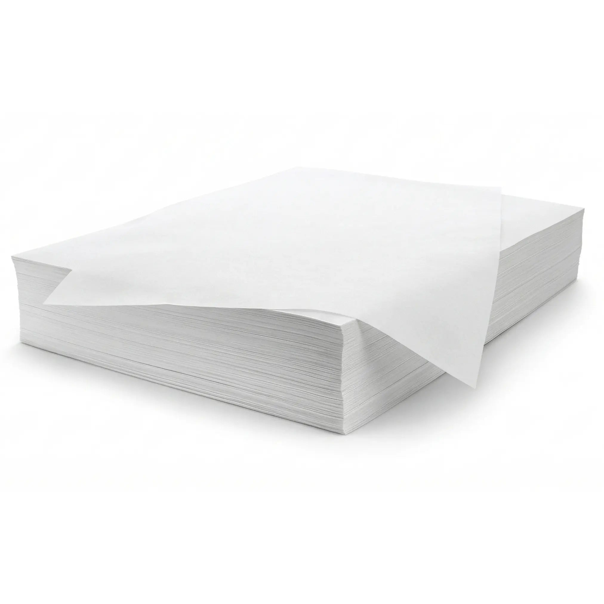 White Greaseproof Paper Sheets 14" x 18" 4KG Pack: a stack of blank sheets, with one slightly pulled out on top—ideal for oil-resistant food wrapping and packaging.
