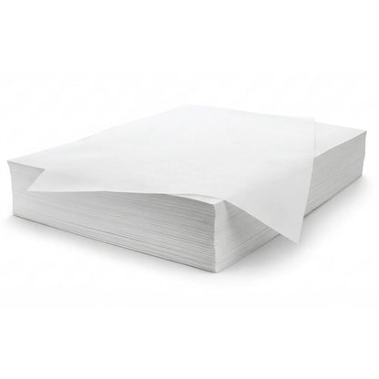 White Greaseproof Paper Sheets 14" x 18" 4KG Pack: a stack of blank sheets, with one slightly pulled out on top—ideal for oil-resistant food wrapping and packaging.