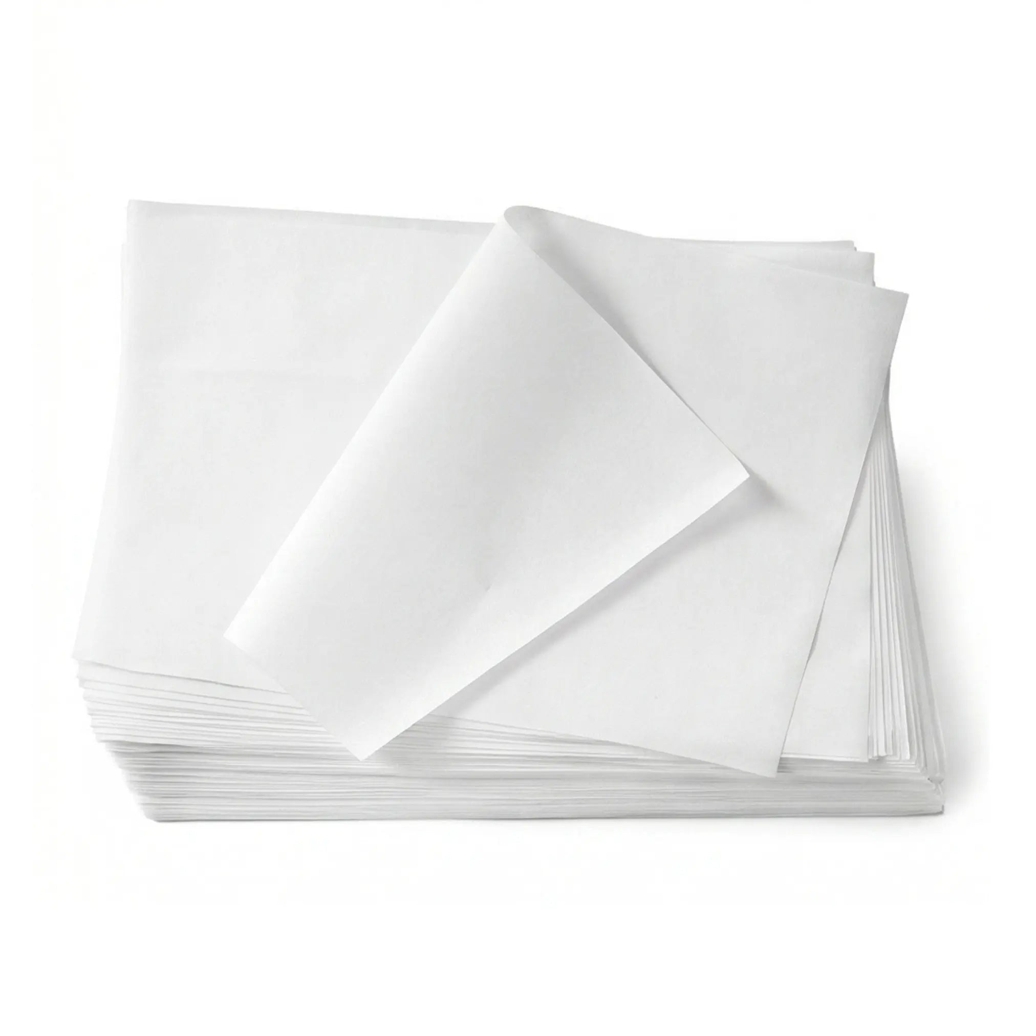 A stack of White Greaseproof Paper Sheets 14" x 18" 4KG Pack, with one sheet partially lifted on top.