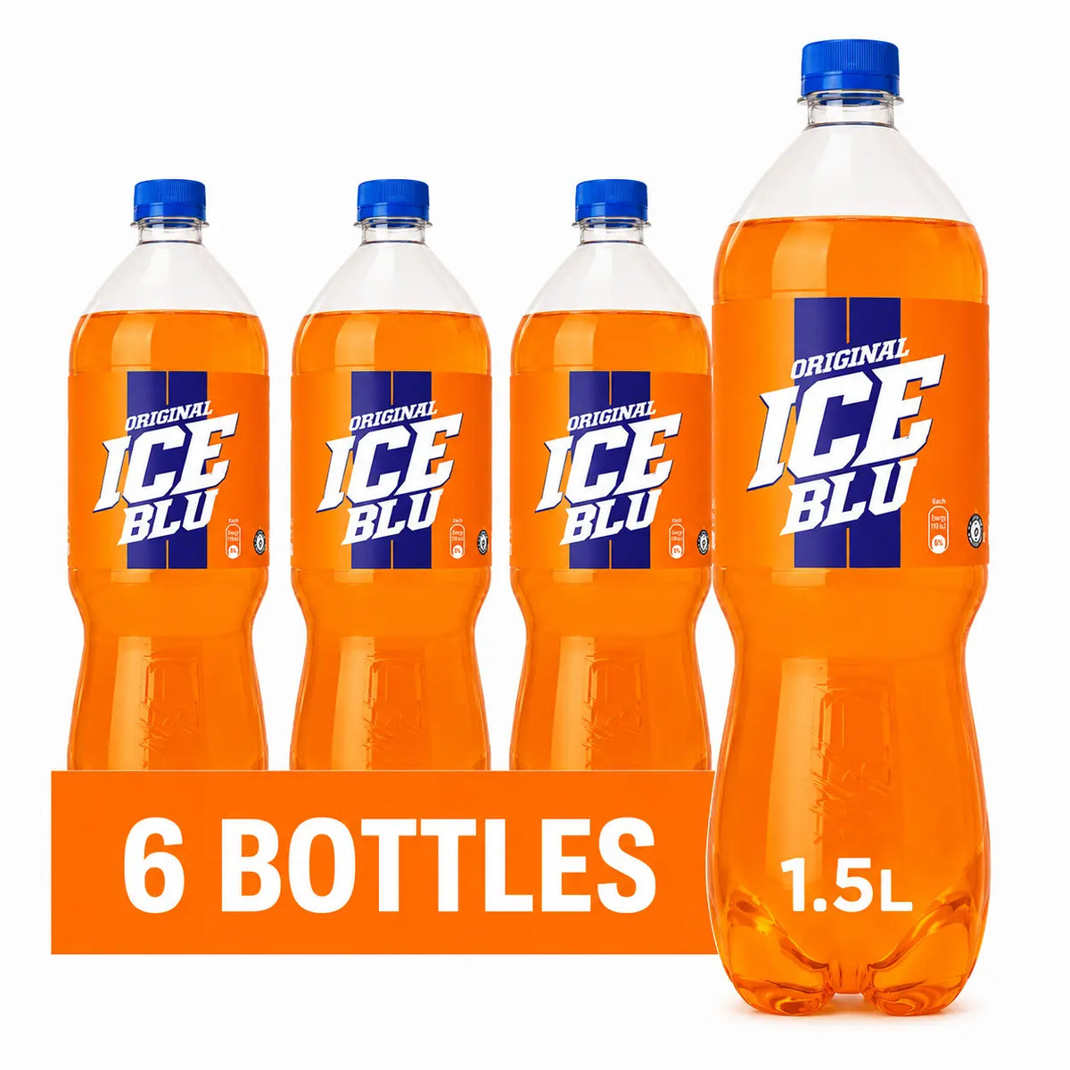 Six-pack of Ice Blu 1.5L bottles displayed, labeled as “Ice Blu 1.5L Bottles 6 Pack.”.
