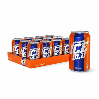 A pack of 24 Ice Blu 330ml cans—an Irn-Bru style soft drink—in an orange tray, with one can in front. Ideal for bulk soft drink wholesale needs.