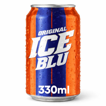 Ice Blu 330ml Cans 24 Pack—orange and blue cans labeled Original ICE BLU, covered in condensation for a refreshing taste. Ideal for bulk soft drinks wholesale orders.