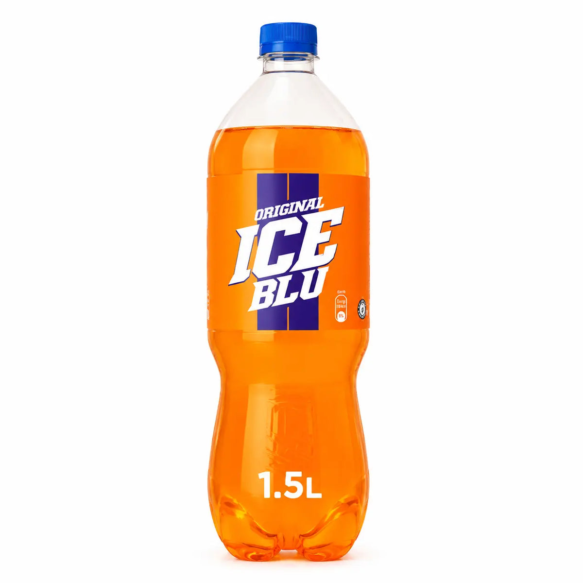A 1.5-liter bottle from the Ice Blu 1.5L Bottles 6 Pack, featuring a blue cap and filled with orange-flavored soft drink.