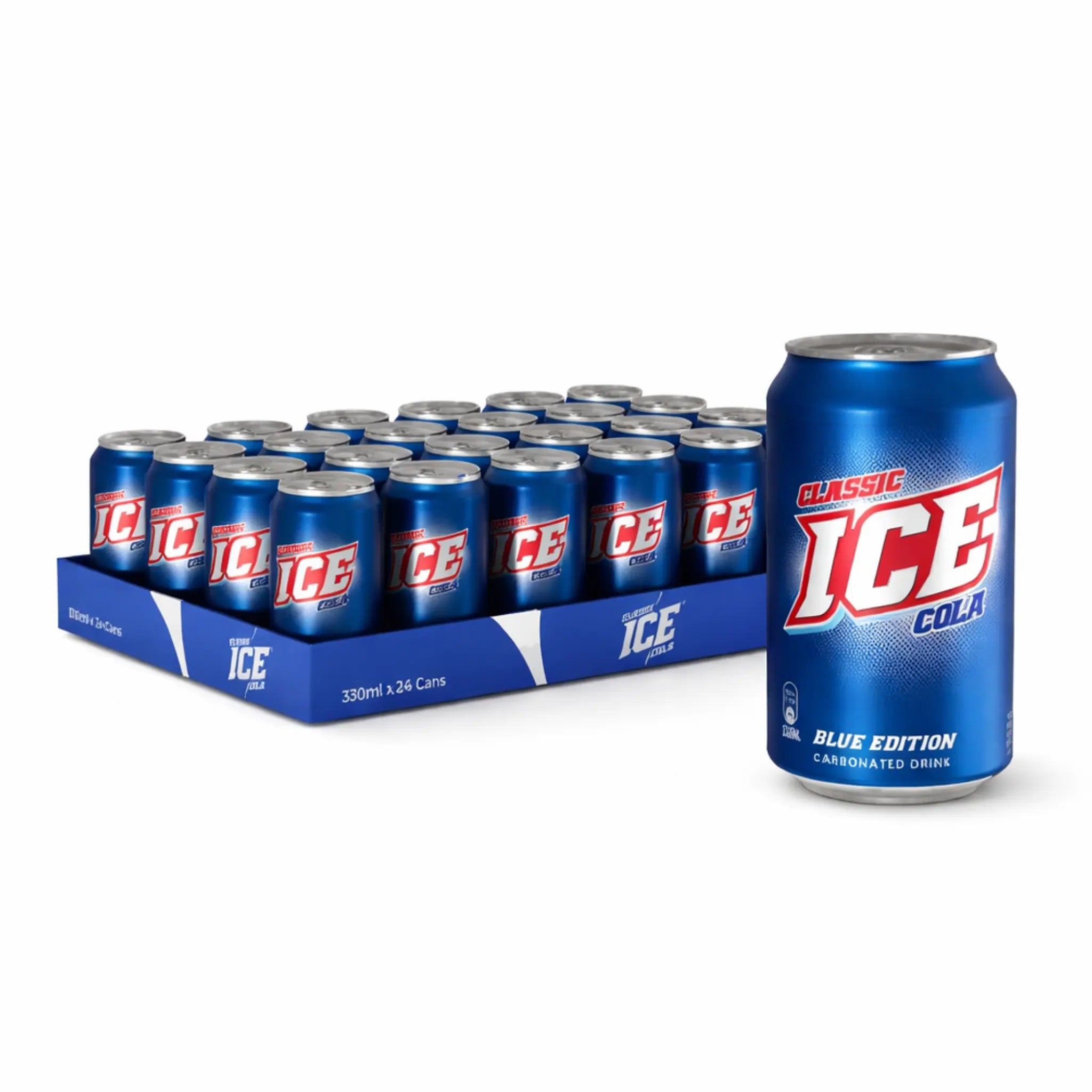 Ice Classic Cola Blue 330ml Cans 24 Pack is shown, featuring one can up front. Ideal for soft drink wholesalers, each can offers a crisp, refreshing carbonated flavor.