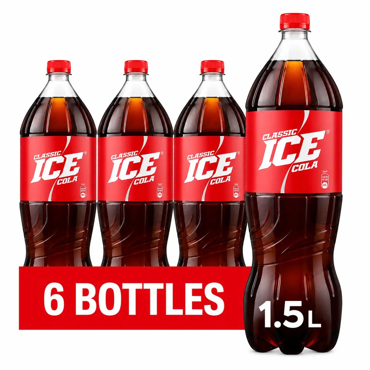 Six bottles of Ice Cola 1.5L are displayed, each featuring a red label, with “6 bottles” written prominently in large white letters at the bottom.