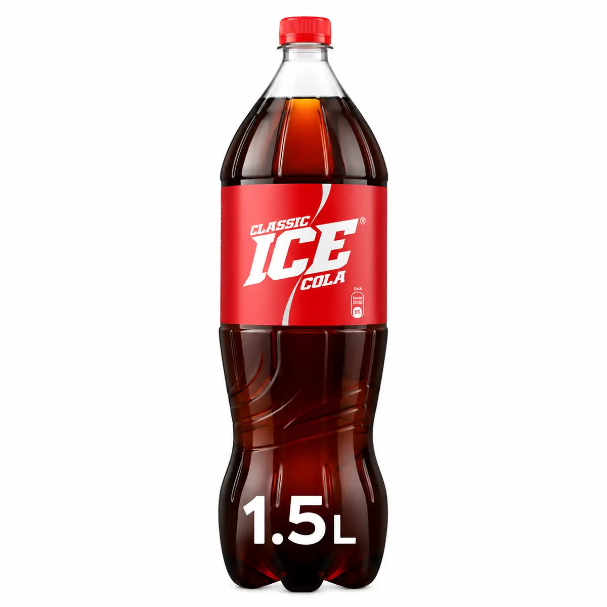 A 1.5-liter bottle from the Ice Cola 1.5L Bottles 6 Pack, featuring a red label and red cap, is displayed upright against a white background.