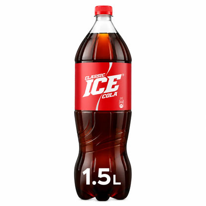 A 1.5-liter bottle from the Ice Cola 1.5L Bottles 6 Pack, featuring a red label and red cap, is displayed upright against a white background.