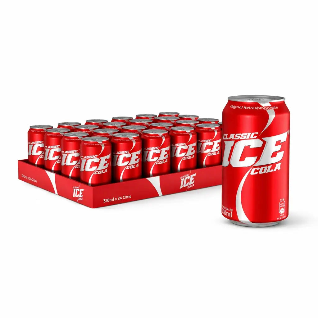 A 24-pack of Ice Cola 330ml cans, ideal for bulk soft drink wholesale, with one can displayed separately at the front.