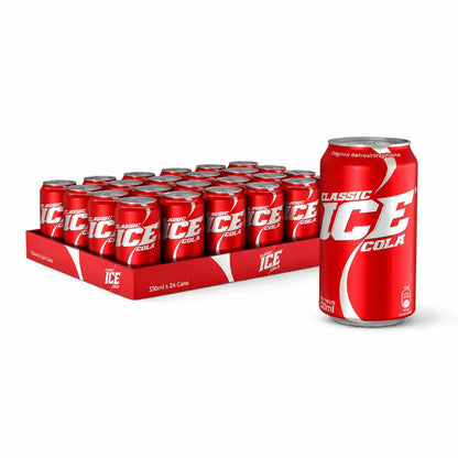 A 24-pack of Ice Cola 330ml cans, ideal for bulk soft drink wholesale, with one can displayed separately at the front.