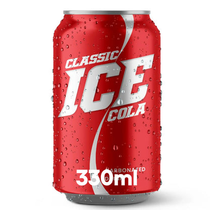 A 24-pack of 330ml Ice Cola cans, featuring a red design with water droplets—ideal for single enjoyment or as a wholesale soft drink purchase.