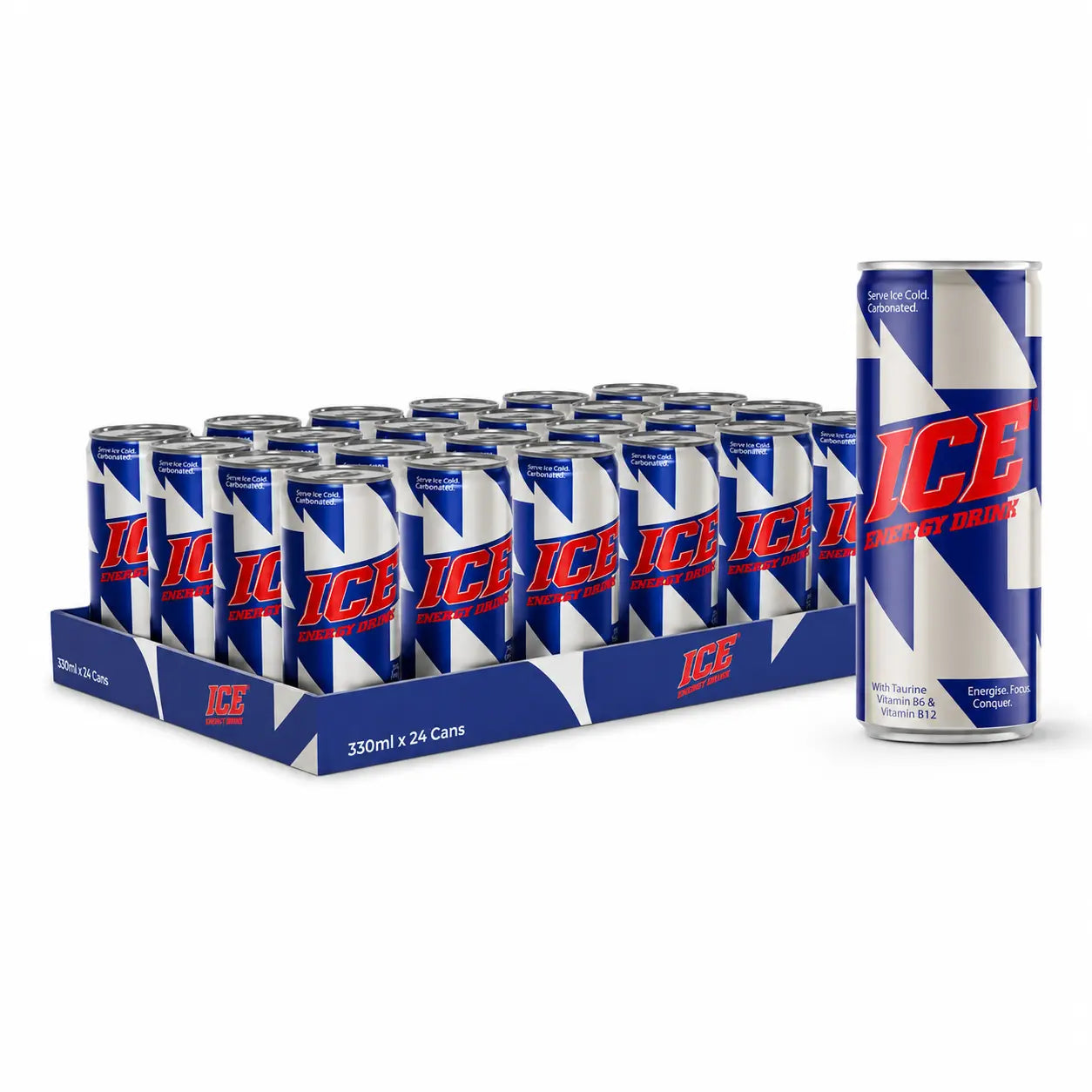 A 24-pack of Ice Energy Drink 250ml cans is displayed with one can upright in front, clearly showing the label—perfect for those looking to buy energy drinks wholesale.