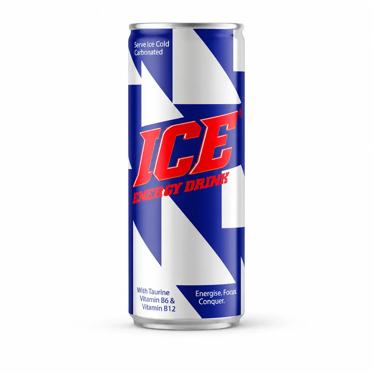 Ice Energy Drink 250ml Cans 24 Pack features a blue and white design with red text, includes vitamins B6 and B12 plus taurine, and is ideal for those seeking energy drinks wholesale in convenient 250ml cans.