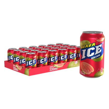 A 330ml Ice Guava can is shown beside a tray of 24 identical cans, ideal for wholesale. The red packaging features guava fruit images.