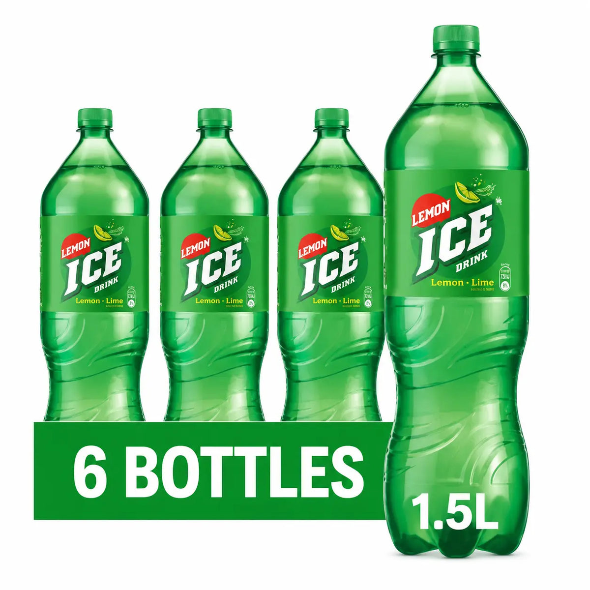 Six 1.5L bottles of Ice Lemon drink are shown, with a green sign reading “6 bottles.”.