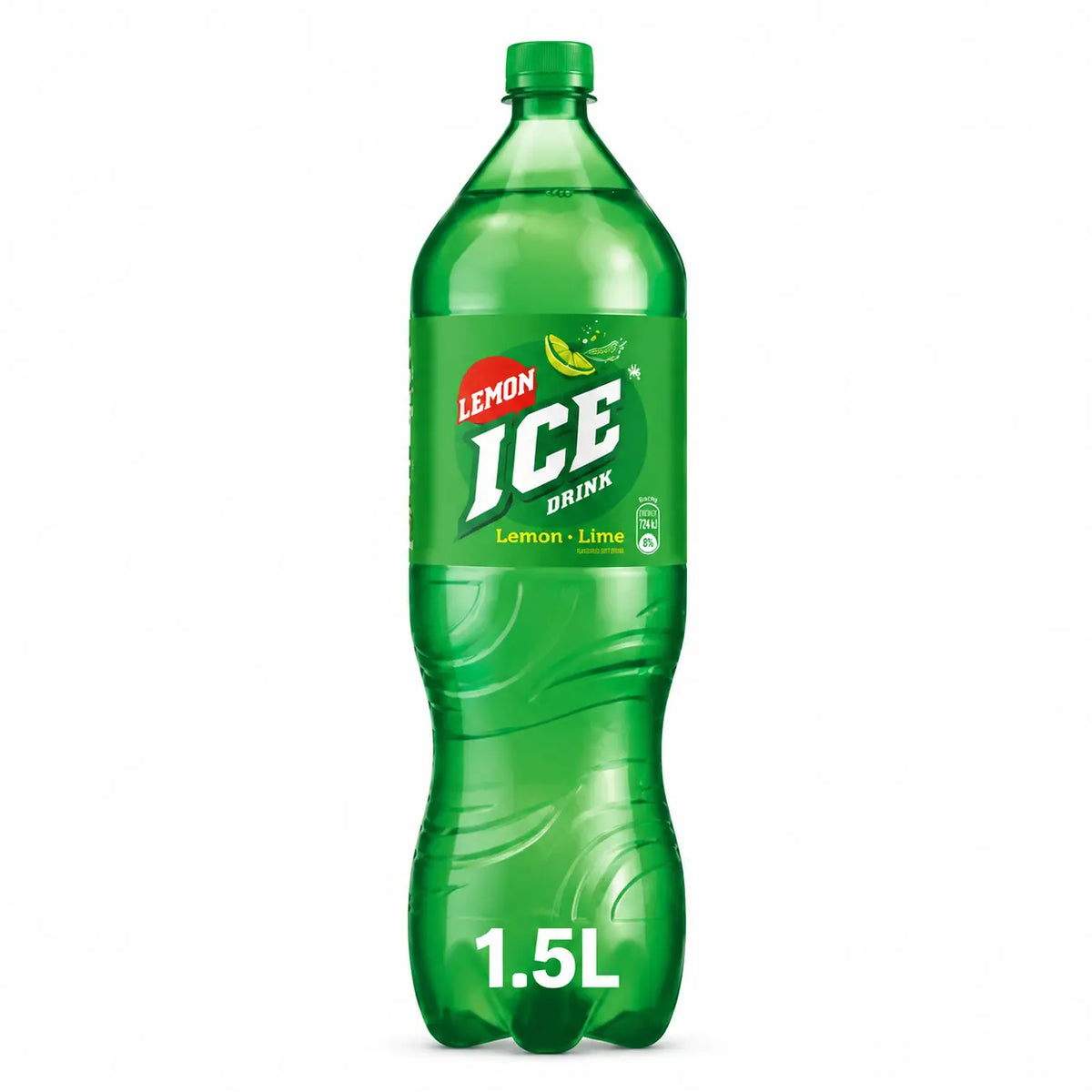A 1.5-liter bottle of Ice Lemon, part of a 6 pack, features a green plastic design with lemon-lime flavor and a yellow lemon graphic on the label.