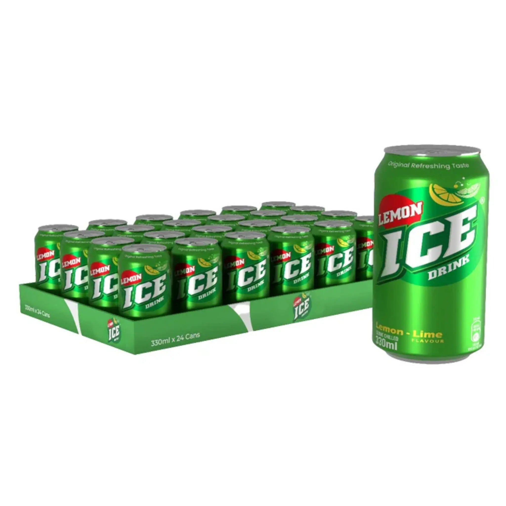 A 24-pack of Ice Lemon 330ml Cans is shown, with one can in front displaying its green label. Perfect for wholesale, each can provides a refreshing lemon soft drink taste.