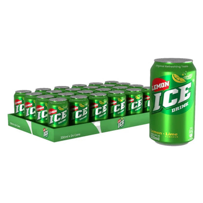 A 24-pack of Ice Lemon 330ml Cans is shown, with one can in front displaying its green label. Perfect for wholesale, each can provides a refreshing lemon soft drink taste.