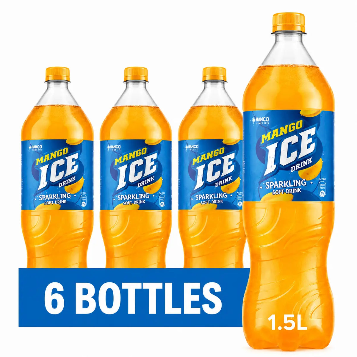 Six 1.5L bottles of Ice Mango sparkling soft drink are displayed in a 6 pack, with four bottles in the back and two in front. The blue label features yellow text and a blue banner indicating “6 Pack”.