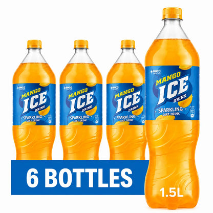 Six 1.5L bottles of Ice Mango sparkling soft drink are displayed in a 6 pack, with four bottles in the back and two in front. The blue label features yellow text and a blue banner indicating “6 Pack”.