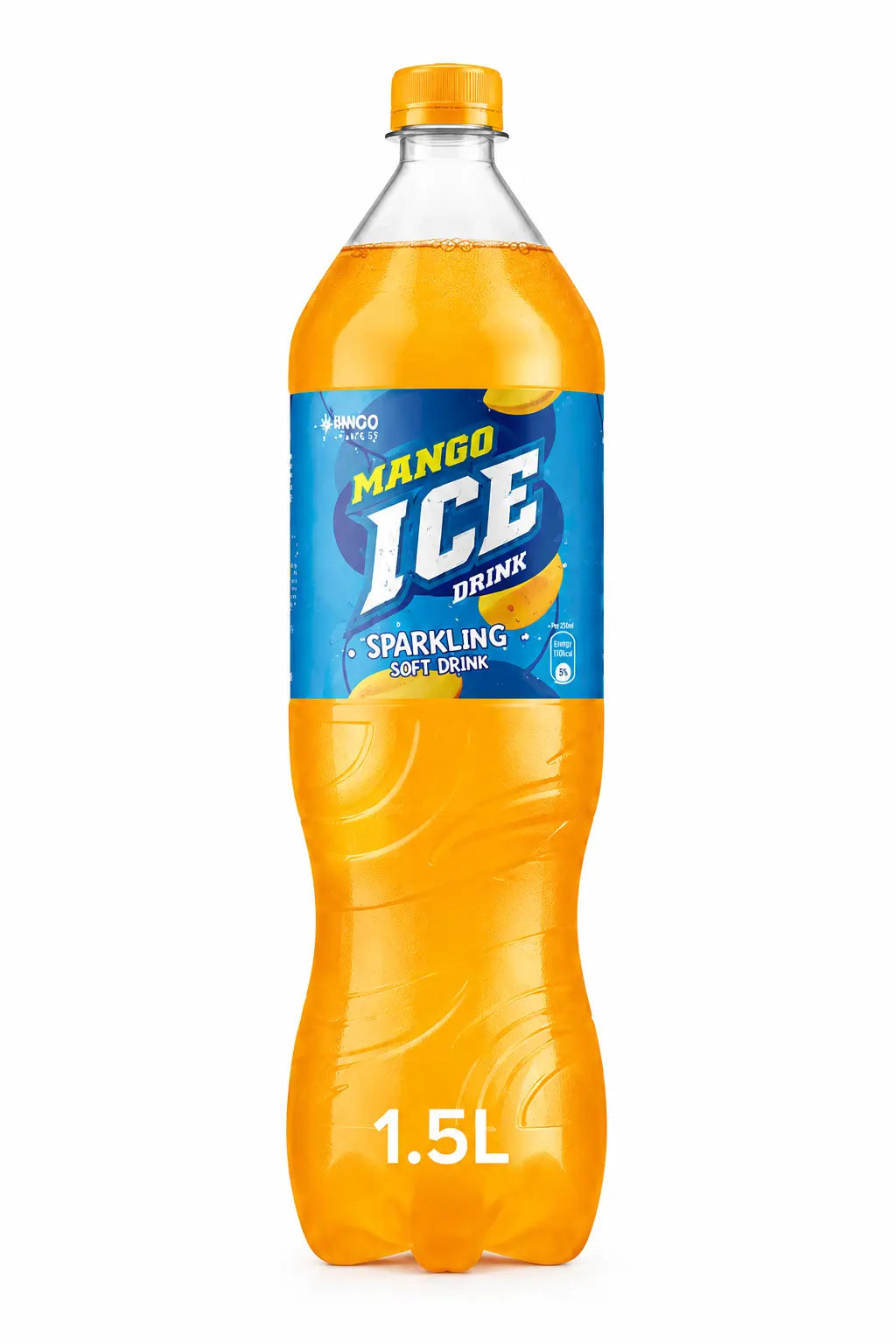 A 1.5-liter bottle from the Ice Mango 1.5L Bottles 6 Pack features a blue label and contains orange liquid inside.