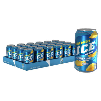 A 24-pack tray of Ice Mango 330ml cans, with one can in front showcasing its vibrant label—ideal for buyers looking to purchase soft drinks wholesale.