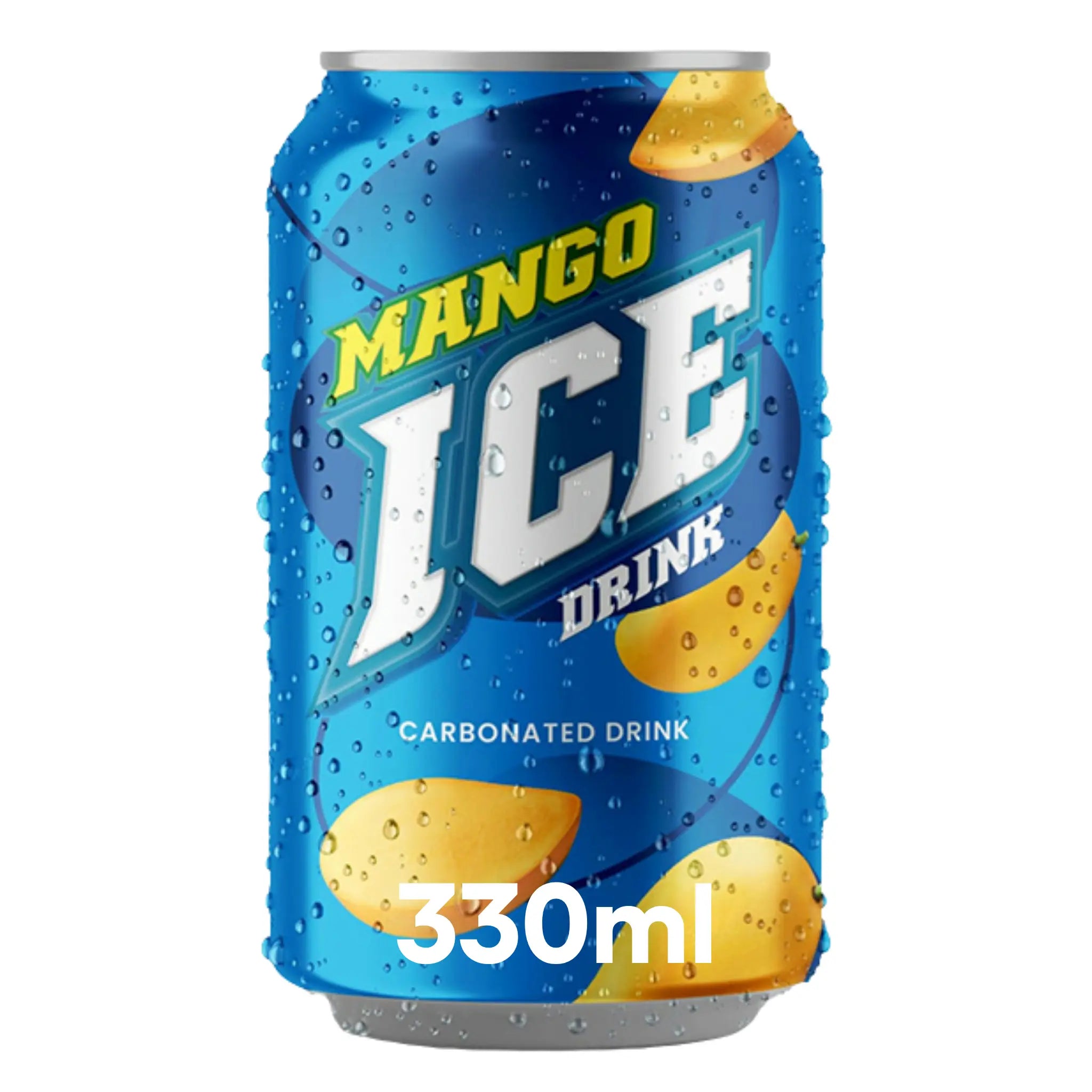 Ice Mango 330ml Cans 24 Pack: Refreshing mango-flavoured soft drink in blue cans featuring juicy mango slices and water droplets—ideal for those looking for wholesale soft drink options.