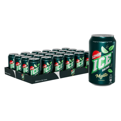 Ice Mojito 330ml Cans 24 Pack offers a refreshing mint and lime soft drink. With one can displayed in front, it's ideal for those wanting wholesale soft drinks with a zesty twist.