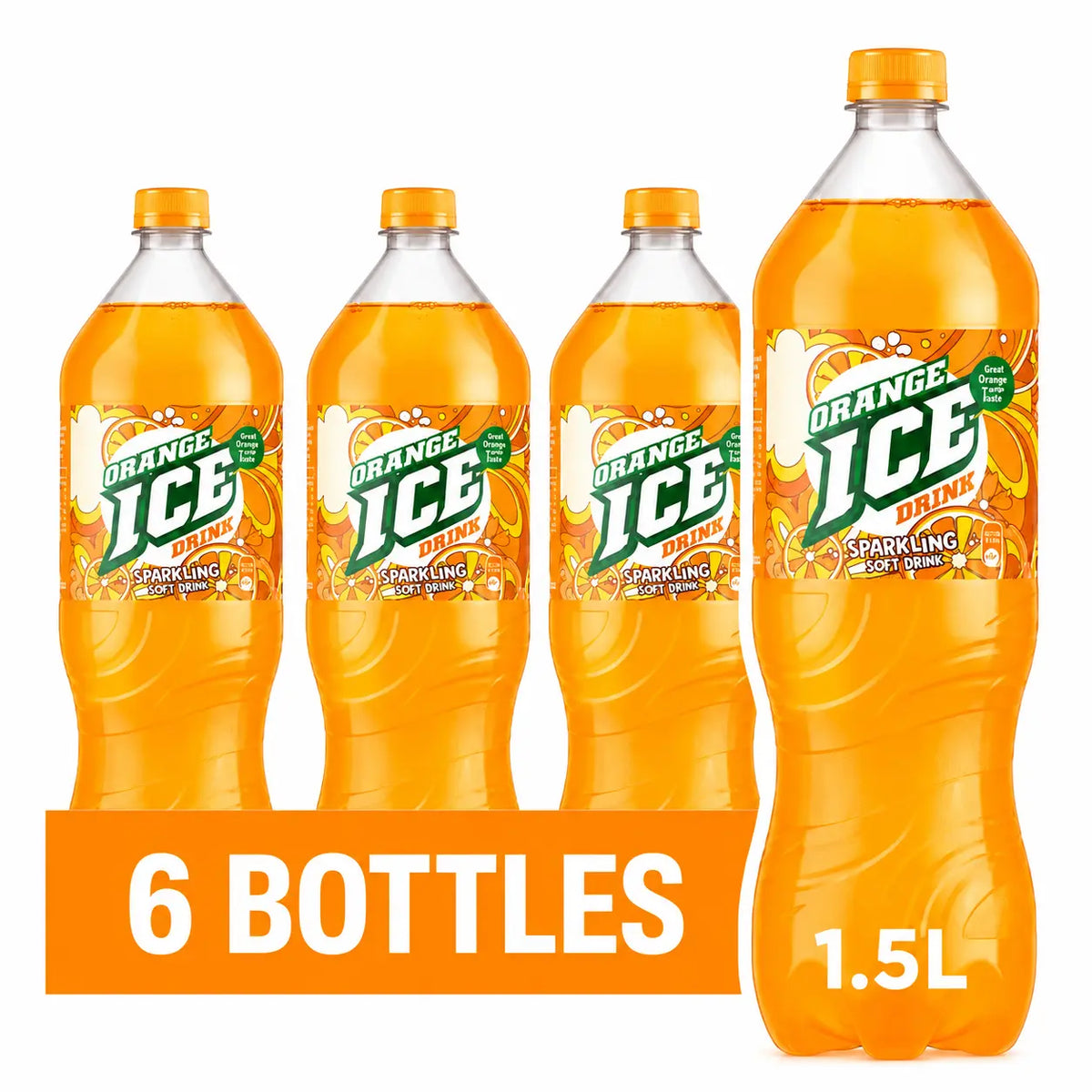 Six-pack of Ice Orange 1.5L bottles sparkling soft drink.