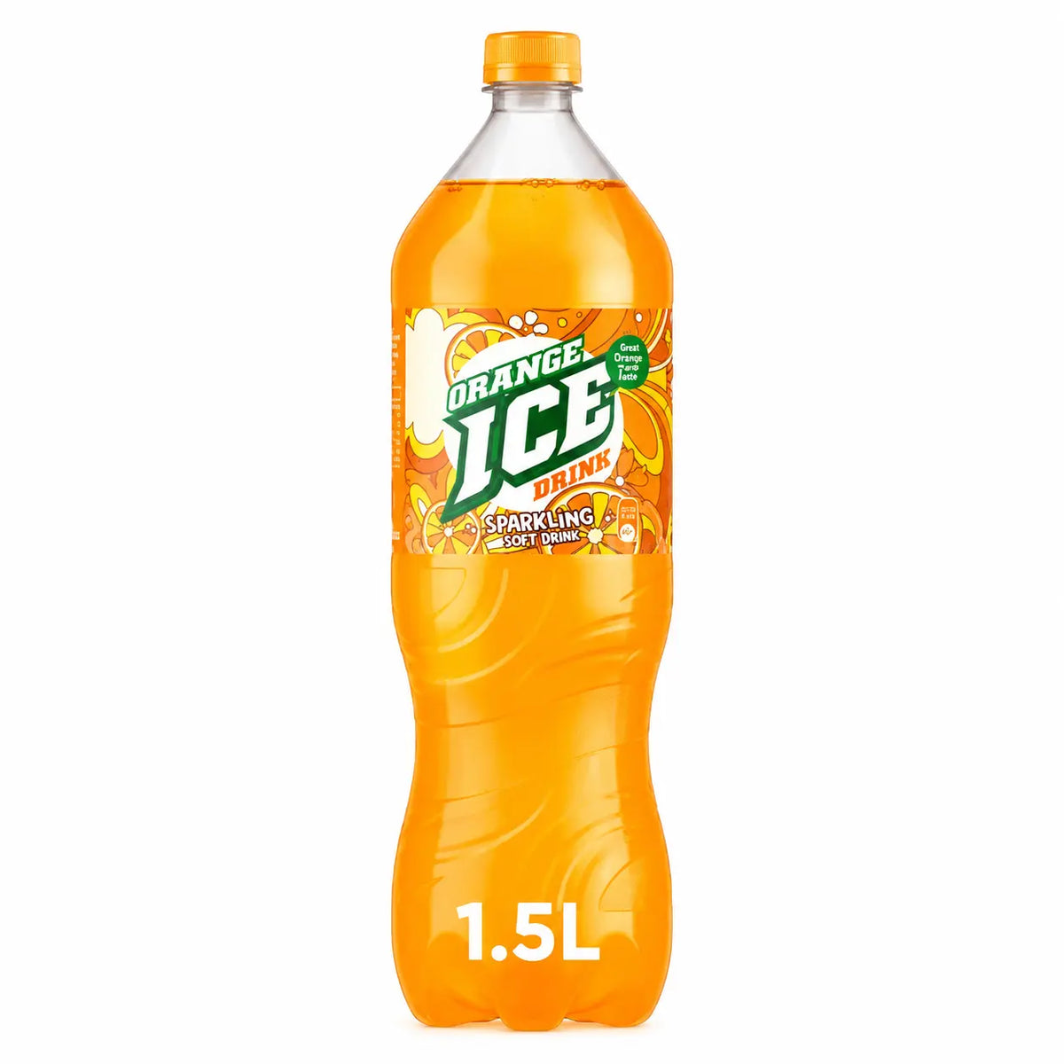 A 1.5-liter bottle from the Ice Orange 1.5L Bottles 6 Pack, featuring a plastic bottle with an orange label and bubbles design.