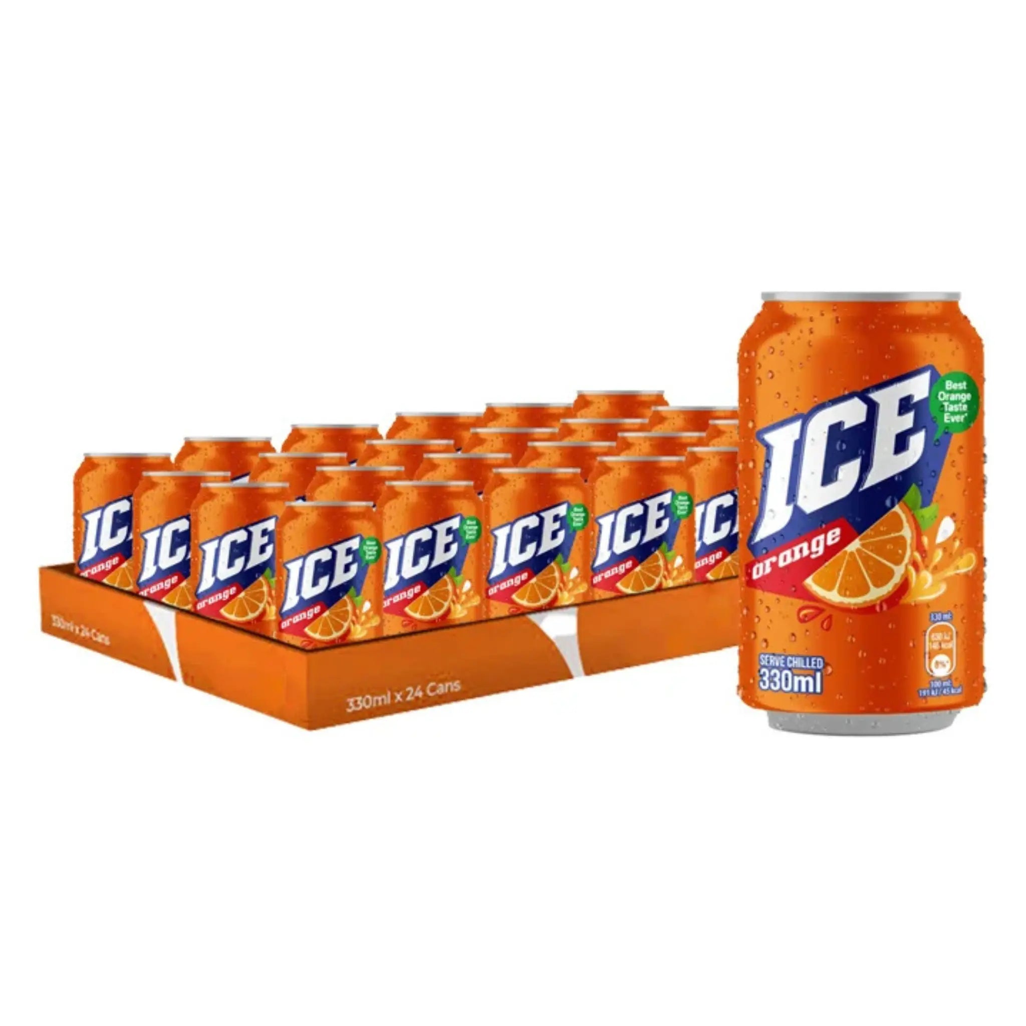 Ice Orange 330ml Cans 24 Pack—includes 24 cans, each with vibrant label and orange slice design—ideal for fans of orange-flavoured drinks or soft drink wholesalers.