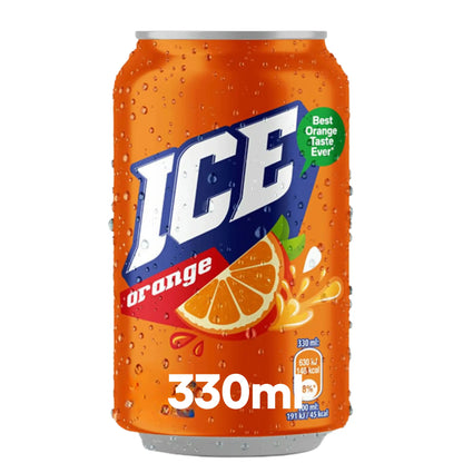 Ice Orange 330ml Cans 24 Pack features vibrant orange slice images and water droplets on the label—ideal for soft drinks wholesale orders.