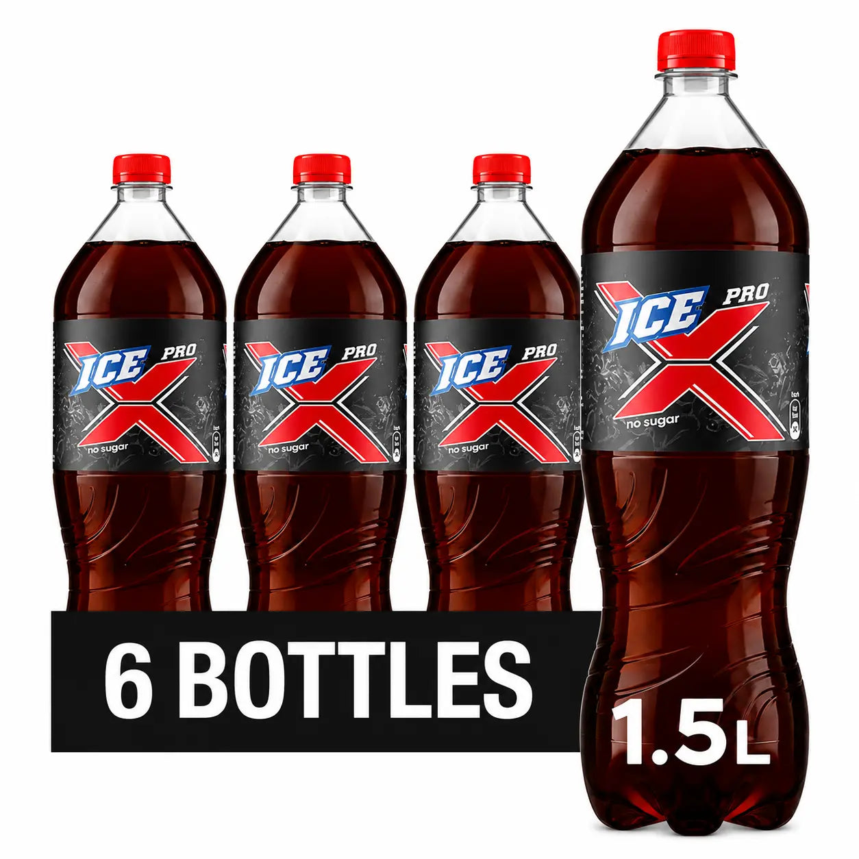 Six 1.5-liter bottles of Ice Pro-X Sugar Free are displayed, with bold text on the image reading “6 BOTTLES 1.5L”.