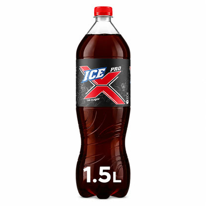 A 1.5-liter bottle of Ice Pro-X Sugar Free soft drink with a red cap and black label featuring a large red X.