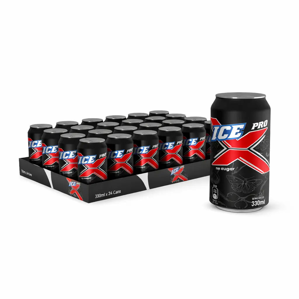 Ice Pro-X Sugar Free 330ml Cans 24 Pack features a tray of 24 cans, with one upright can beside the pack—ideal for bulk soft drink wholesale purchases.
