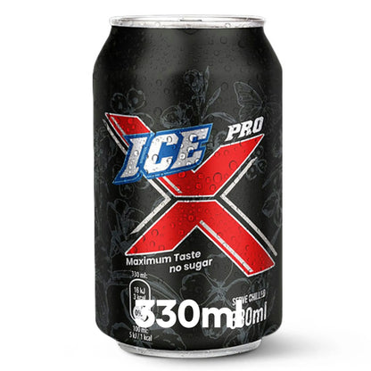 A 24 pack of Ice Pro-X Sugar Free 330ml cans with blue and red branding, labeled Maximum Taste No Sugar—perfect for those seeking bulk soft drinks wholesale.
