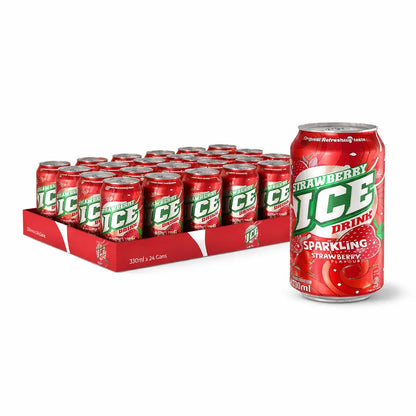 A 24-pack of Ice Strawberry 330ml cans, with one red can featuring strawberry graphics and white and green text displayed in front.
