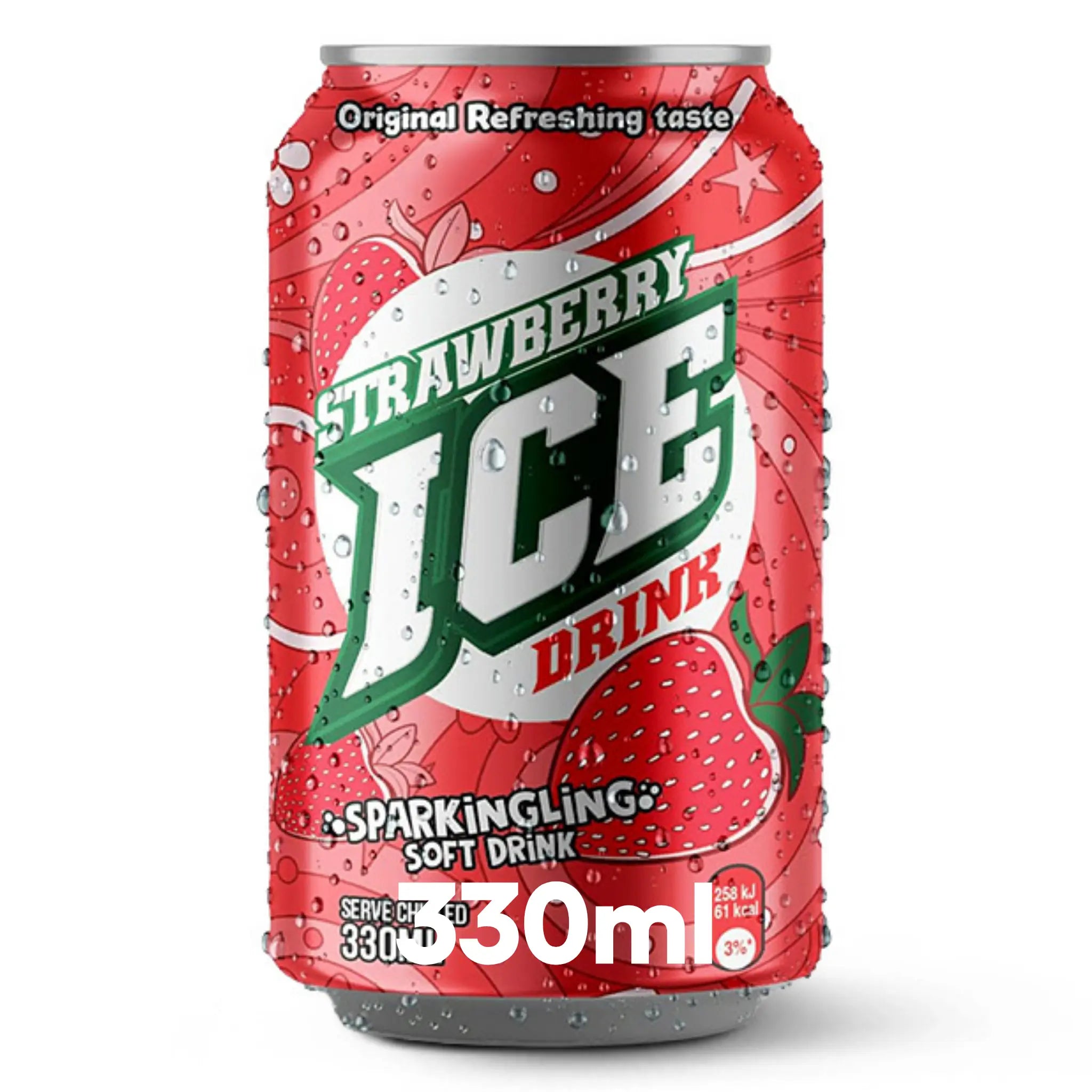Ice Strawberry 330ml Cans 24 Pack features a vibrant red and green design with strawberry illustrations and water droplets—ideal for wholesale soft drink purchases.