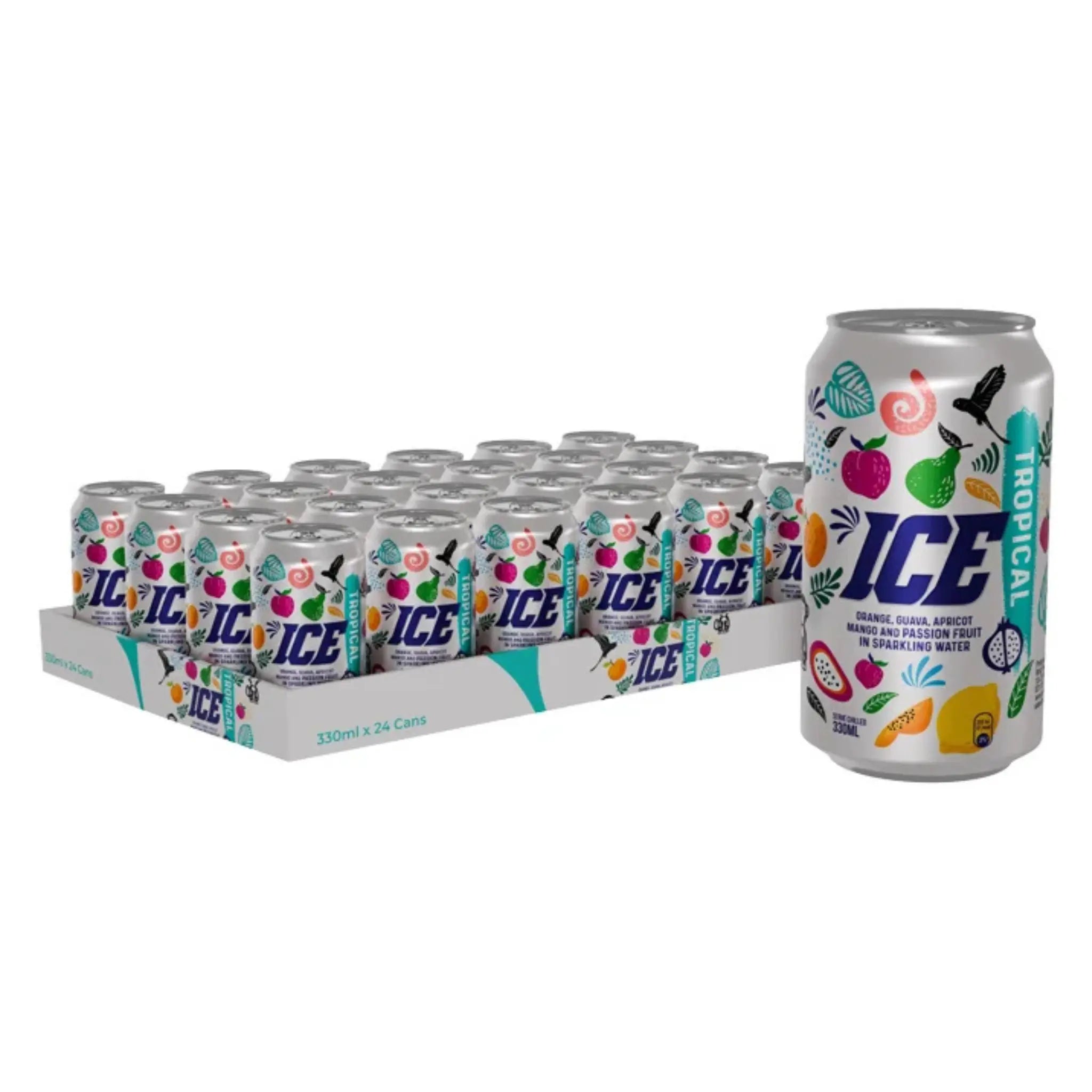 Ice Tropical 330ml Cans 24 Pack: sparkling soft drink, each can featuring colorful fruit graphics and bold branding—ideal for wholesale soft drink buyers.