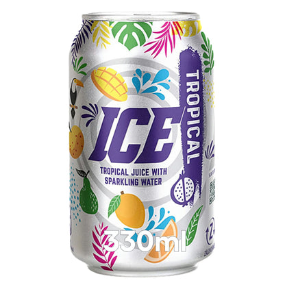 Ice Tropical 330ml Cans 24 Pack offers a vibrant tropical soft drink with sparkling water, adorned with colorful fruit designs—ideal for anyone seeking wholesale soft drinks.