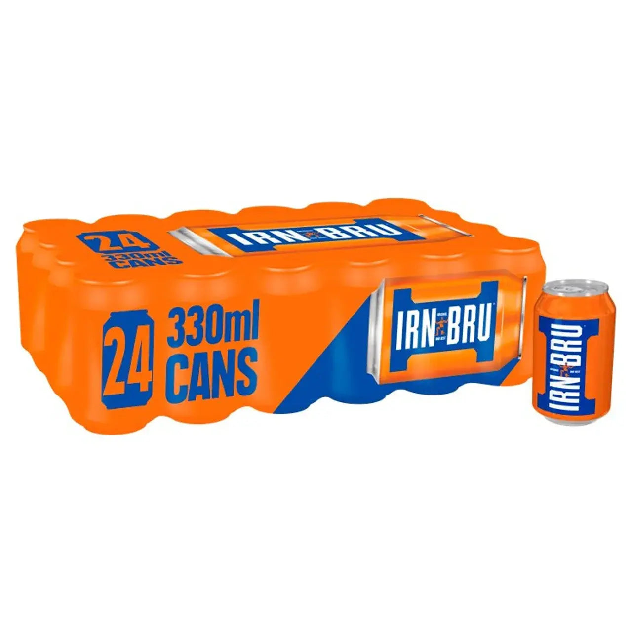 A 24-pack of Irn Bru 330ml cans sits beside a single can, showcasing the iconic orange and blue branding. The Irn Bru 330ml x 24 pack is perfect for wholesale soft drink purchases.