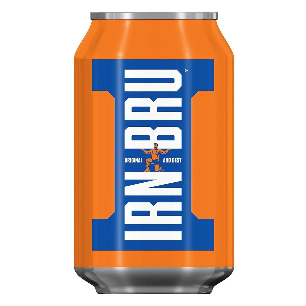 A pack of 24 Irn Bru 330ml cans, featuring the iconic UK soft drink’s bold orange and blue design with white branding—ideal for wholesale.