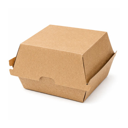 The Kraft Clamshell Burger Box 6" (200 Pack) is a closed brown cardboard takeaway container on a white background, ideal for eco-friendly packaging needs.