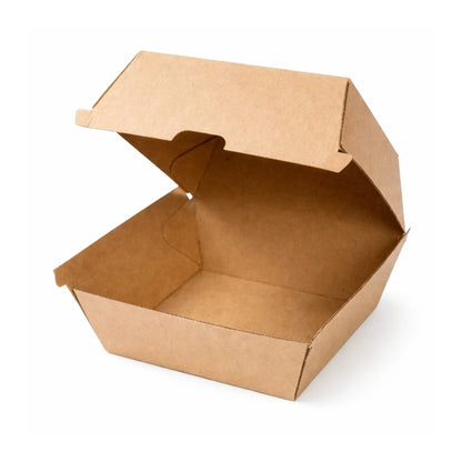 A Kraft Clamshell Burger Box 6" from the 200 Pack is shown open and empty against a white background, highlighting its eco-friendly design for takeaway food packaging.