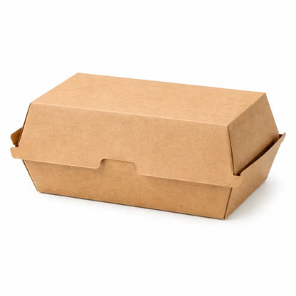 A closed Kraft Clamshell Meal Box Large HP10 rests on a white background, highlighting practical, eco-friendly takeaway packaging. Available in a 200 pack.