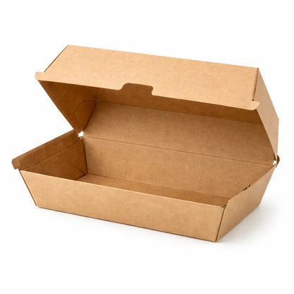 The Kraft Clamshell Meal Box Large HP10 (200 Pack) features a plain, rectangular kraft design with a raised open lid—perfect for eco-friendly packaging and takeaway needs.