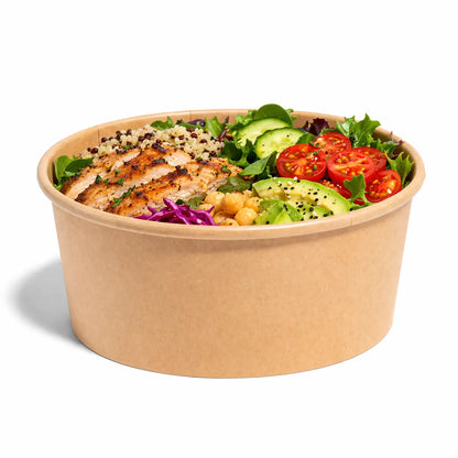 The Kraft Paper Bowl 1000ml 300 Pack is ideal for stylish takeaway packaging, shown here filled with grilled chicken, quinoa, lettuce, cucumber, tomatoes, chickpeas, and red cabbage on a white background.