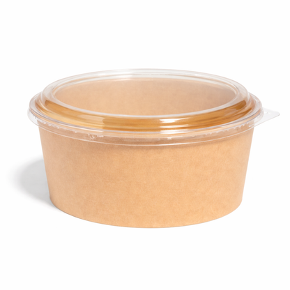 Kraft Paper Bowl 1000ml 300 Pack with clear plastic lids, perfect for takeaway food packaging. The bowls are displayed on a white background.