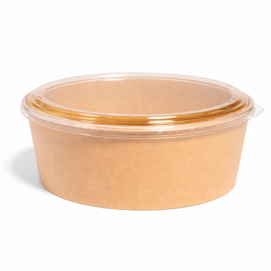 The Kraft Paper Bowl 1300ml 300 Pack features round kraft paper bowls with clear plastic lids, ideal for takeaway food packaging or convenient food storage.